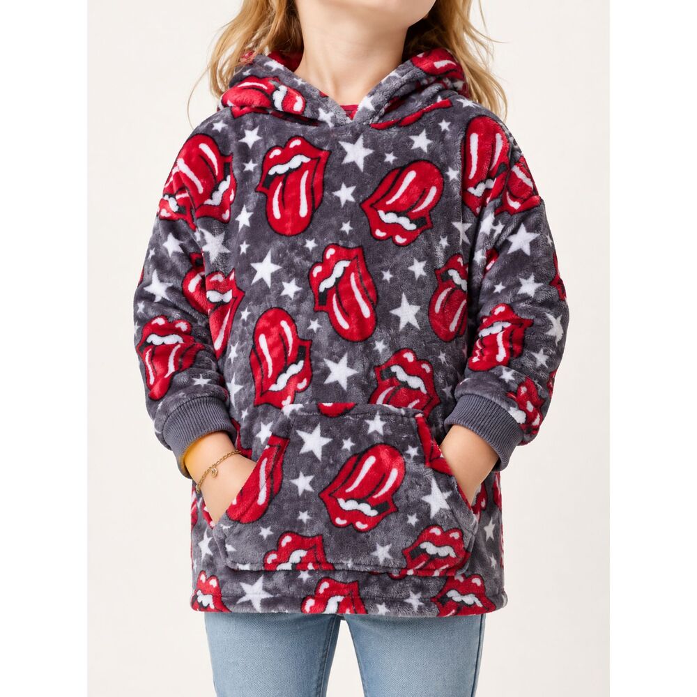 Rolling Stones Toddler Sherpa Hoodie 4T Gray Red Tongue Logo Plush Pullover